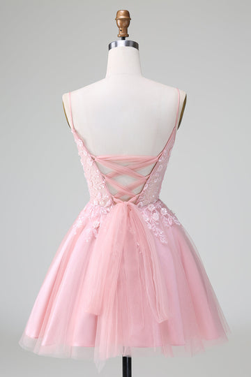 Vestido de cóctel corto de corte A de tul con apliques de rubor princesa